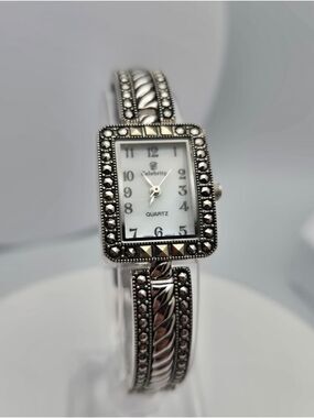 Celebrity Women’s Quartz Watch Rectangular Marcasite Accents Silver Tone Japan